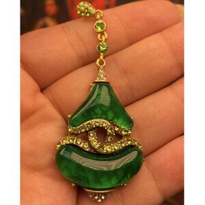 Oversized Green Cabochon Earrings - Long Drop